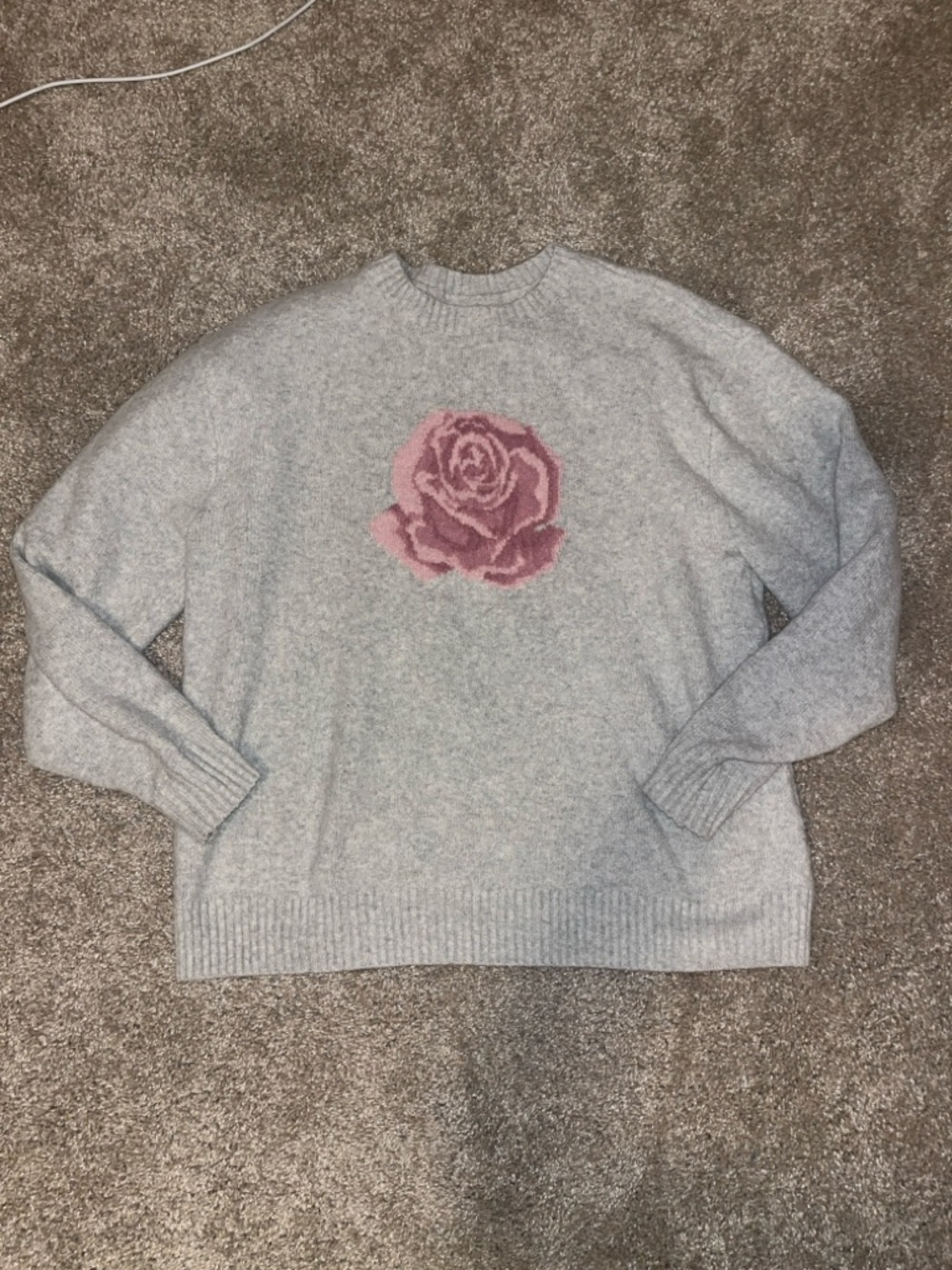 Hollister Cozy Grey Crewneck Sweater with Pink Rose Motif